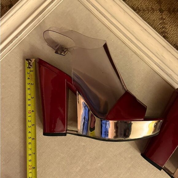 Chanel PVC, silver, & burgundy patent leather platform ankle strap heels. IT 40 - Picture 4 of 12
